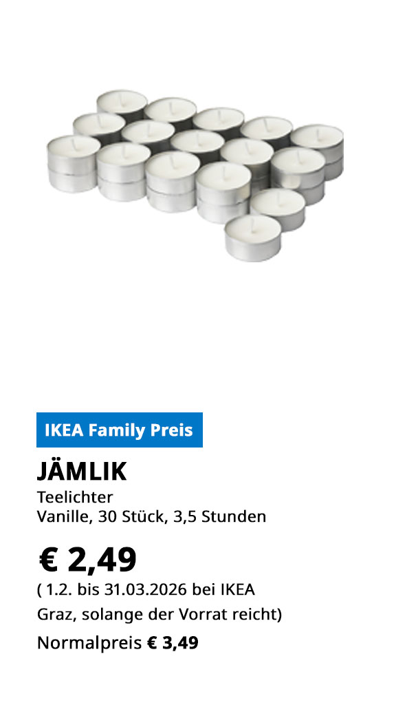 Teelichter Jämlik, duftendk, Vanille, 3,5 Stunden, 30 Stück, statt € 3,49 zum IKEA Family Preis € 2,49.