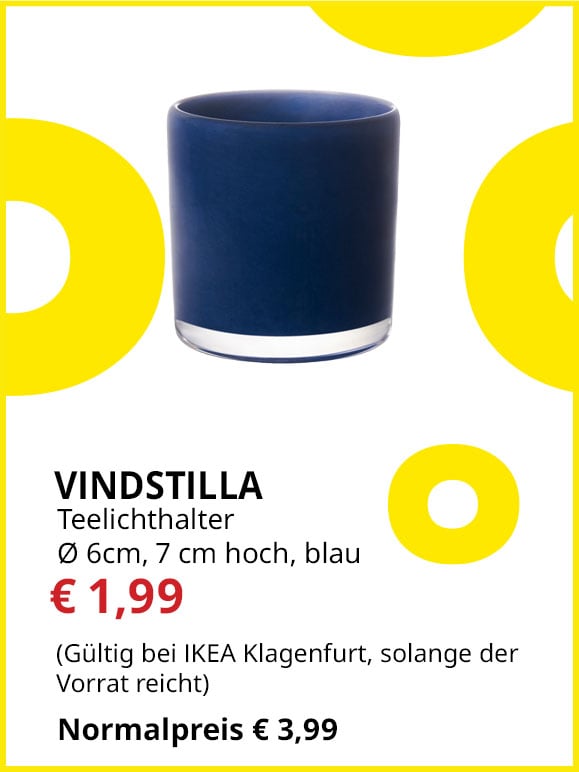 Teelichthalter Vindstilla, Durchmesser 6cm, 7cm hoch, blau, statt € 3,99 um € 1,99.