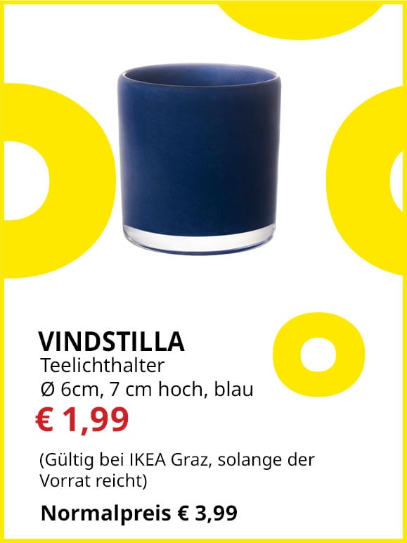 Teelichthalter Vindstilla, Durchmesser 6cm, 7cm hoch, blau, statt € 3,99 um € 1,99.