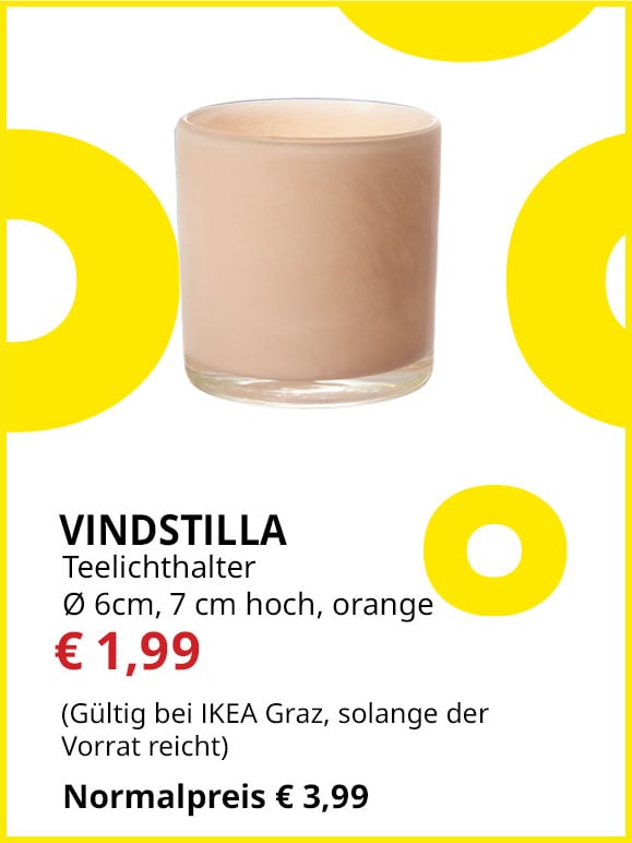 Teelichthalter Vindstilla, Durchmesser 6cm, 7cm hoch, orange, statt € 3,99 um € 1,99.