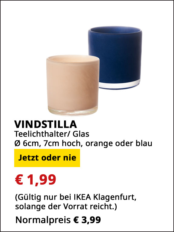 Teelichthalter Vindstilla, Glas,  7 cm hoch, Durchmesser 6cm, blau oder orange, statt € 3,99 um € 1,99.