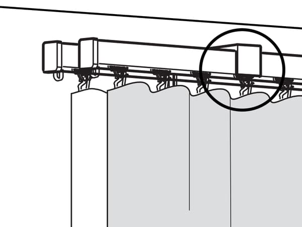Tekening van twee VIDGA gordijnrails die aan de wand hangen.