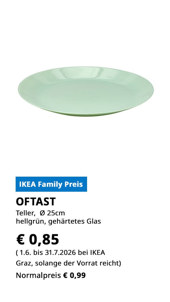 Teller Oftast, Durchmesser 25 cm, gehärtetes Glas, hellgrün, statt € 0,99 zum IKEA Family Preis von € 0,85.