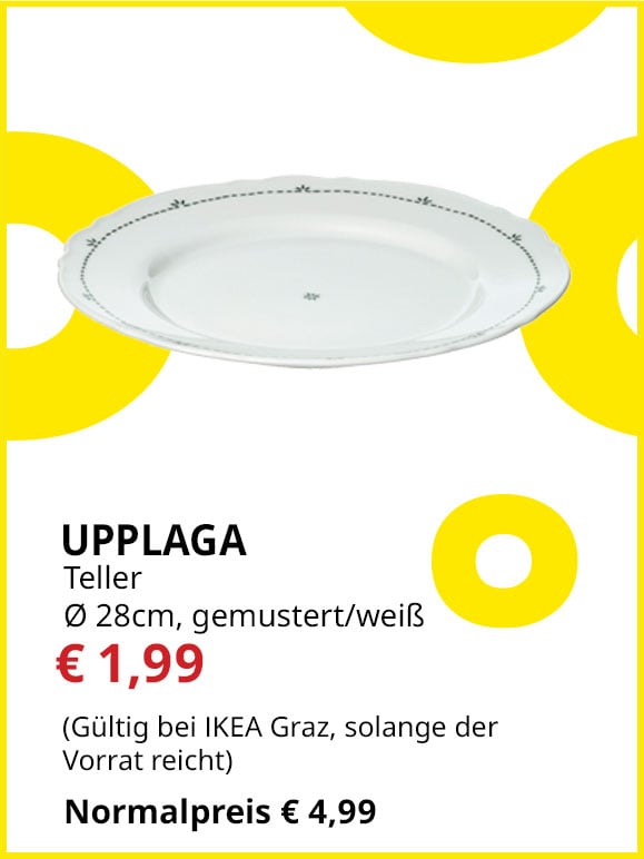 Teller Upplaga, Durchmesser 28cm, gemustert/weiß, statt € 4,99 um € 1,99.