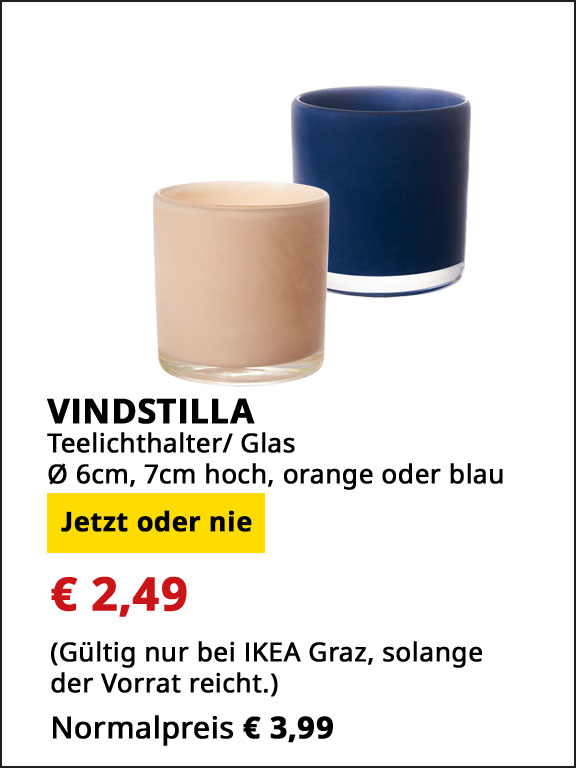 Tellichthalter Vindstilla, Durchmesser 6 cm, 7 cm hoch, Glas, orange oder dunkelblau, statt  € 3,99 um € 2,49.