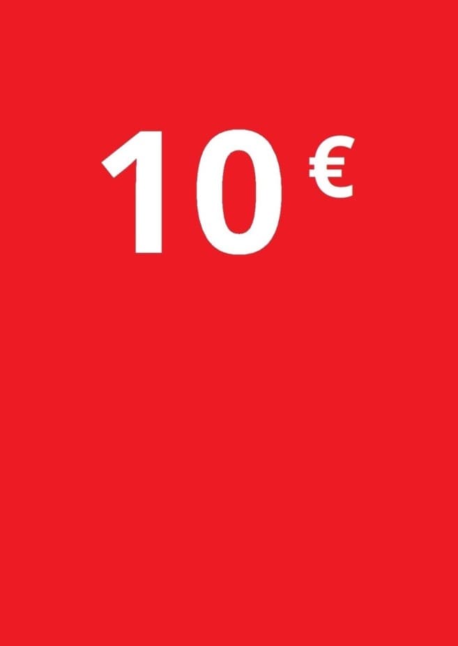 Ten euro in white with red background