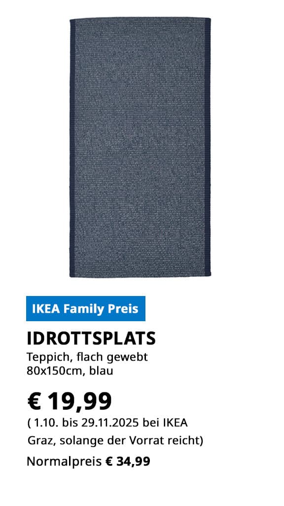 Teppich Idrottsplats, flach gewebt, 80x150cm, blau, statt € 34,99 um € 19,99.