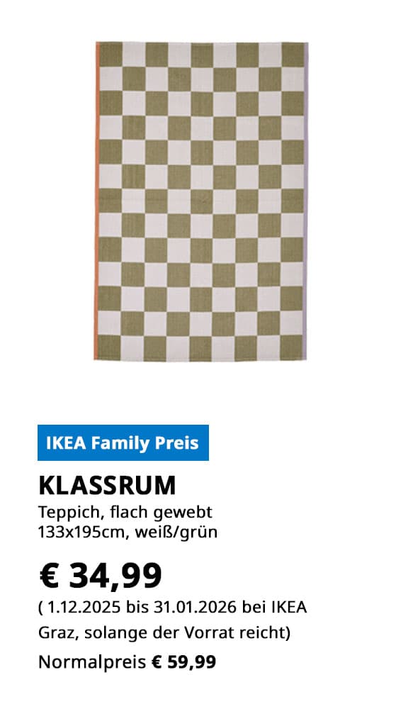 Teppich Klassrum, 133x195cm, flach gewebt, grün/weiß. statt um € 59,99 zum IKEA Family Preis von € 34,99.