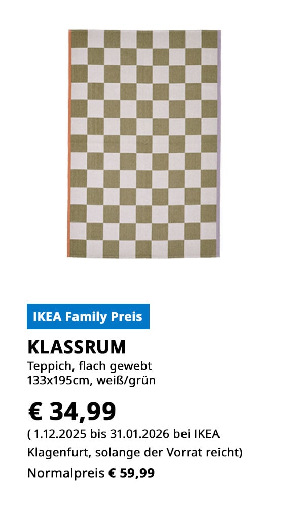 Teppich Klassrum, 133x195cm, flach gewebt, grün/weiß. statt um € 59,99 zum IKEA Family Preis von € 34,99.