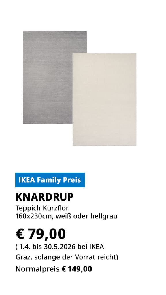 Teppich Knardrup, Kurzflor, 160x230cm, weiß oder hellgrau, statt € 149 um € 79.