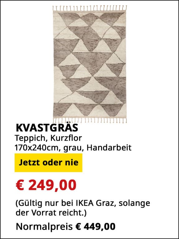 Teppich Kvastgräs, Kurzflor, 170x240cm, grau, Handarbeit, statt € 449 um € 249.