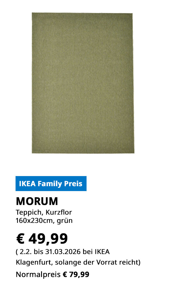 Teppich Morum, Kurzflor, 160x230cm, grün, statt € 79,99 zum IKEA Family Preis von 49,99.