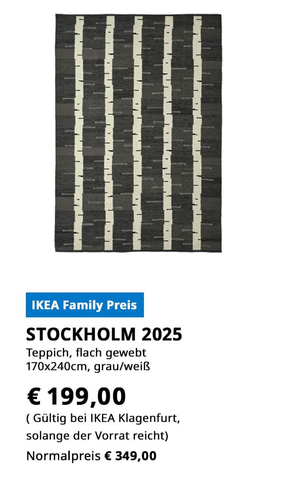  Teppich Stockholm 2025, flach gewebt, 170x240cm, grau/weiß, statt € 349 zum IKEA Family Preis von € 199.