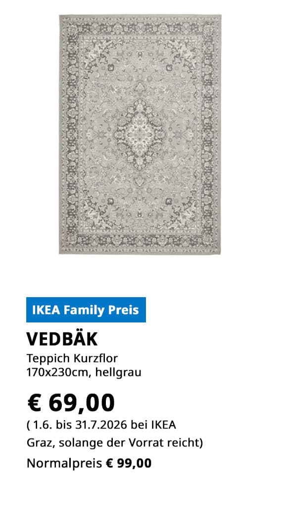 Teppich Vedbäck, Kurzflor, 170x230cm, hellgrau, statt € 99 zum IKEA Family Preis von € 69,00.