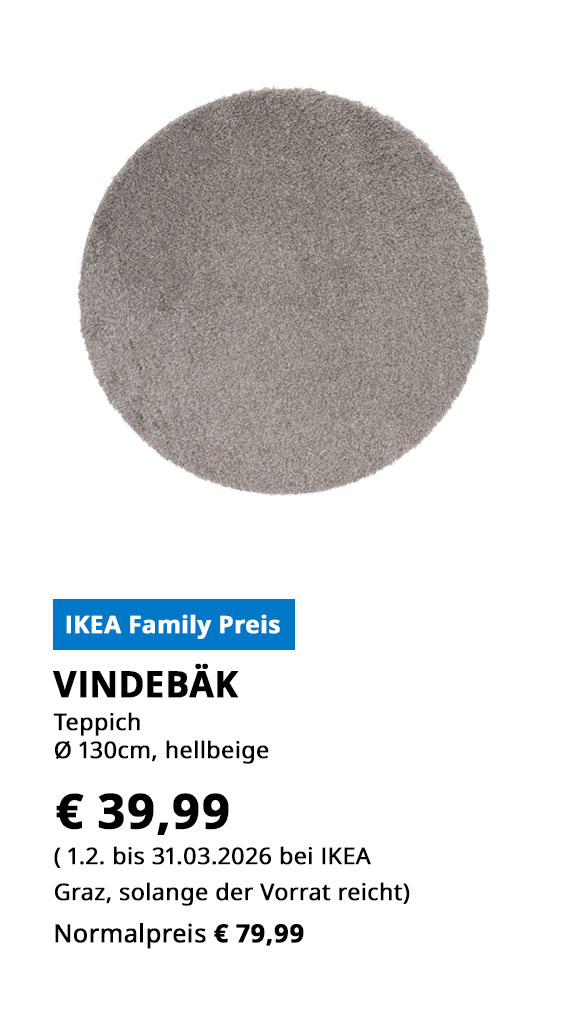Teppich Vindebäk, rund, Durchmesser 130cm, hellbeige, Kurzflor, statt € 79,99 um € 39,99.