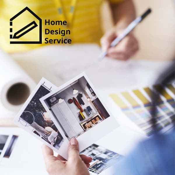 Image 113: Text on top left hand corner reads: Home Design Service. IKEA co-worker in yellow meeting with customer with pictures of their home in hand.