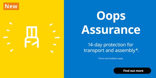 Text reads: NEW. IKEA Family Oops Assurance. 14-day protection for transport and assembly*. 