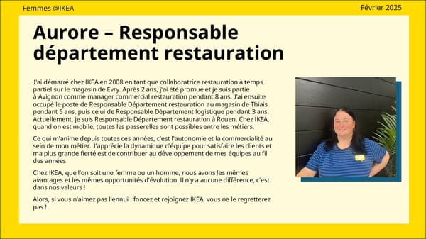Texte de présentation du parcours d'Aurore, Responsable département restauration, avec également sa photo.