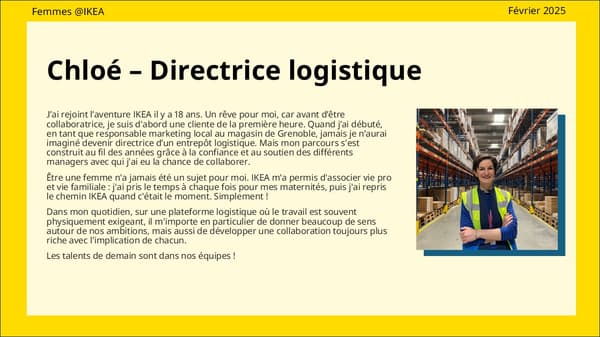 Texte de présentation du parcours de Chloé, Directrice logistique, avec également sa photo.