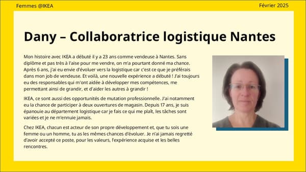 Texte de présentation du parcours de Dany, Collaboratrice logistique à Nantes, avec également sa photo.