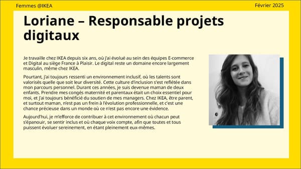 Texte de présentation du parcours de Loriane, Responsable projets digitaux, avec également sa photo.