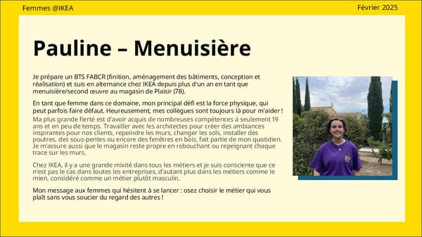 Texte de présentation du parcours de Pauline, Menuisière, avec également sa photo.