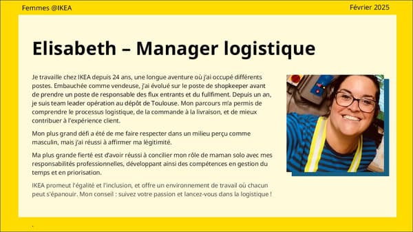 Texte de présentation du parcours d'Elizabeth, Manager logistique, avec également sa photo.