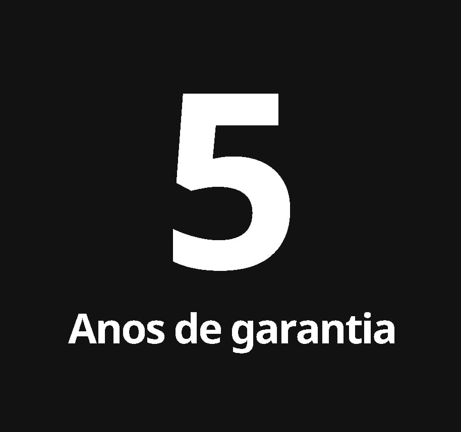texto branco "5 anos de garantia" num fundo preto