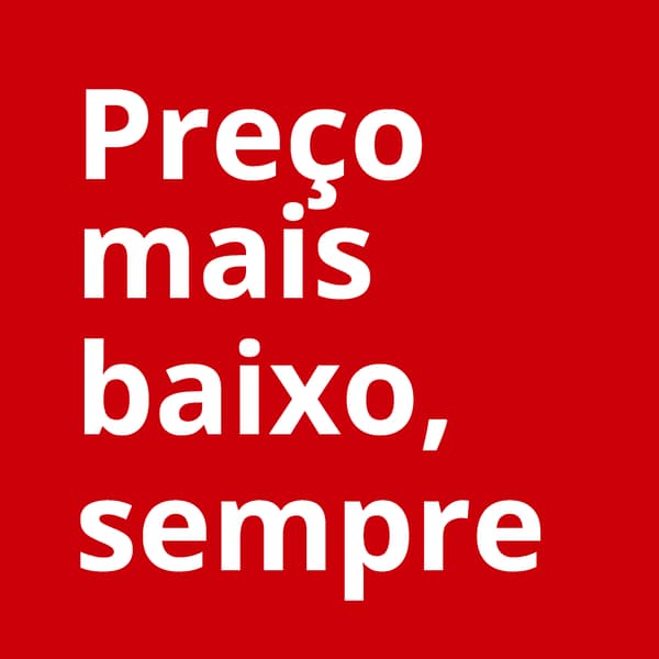 texto branco "preço mais baixo, sempre" in a red background