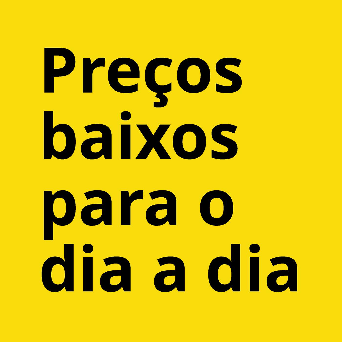 Texto preto "Preços baixos para o dia a dia" num fundo amarelo
