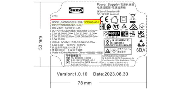 The ÅSKSTORM 40W USB charger dark grey can be identified by the model number ICPSW5-40-1 that is found on label on the backside of the USB-charger.