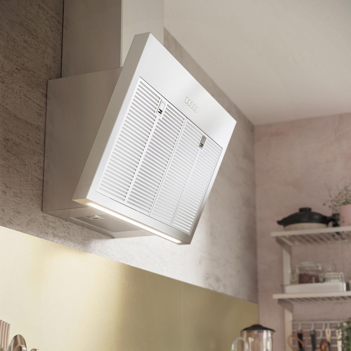 The BEMÖTA extractor hood is suspended above a hob.