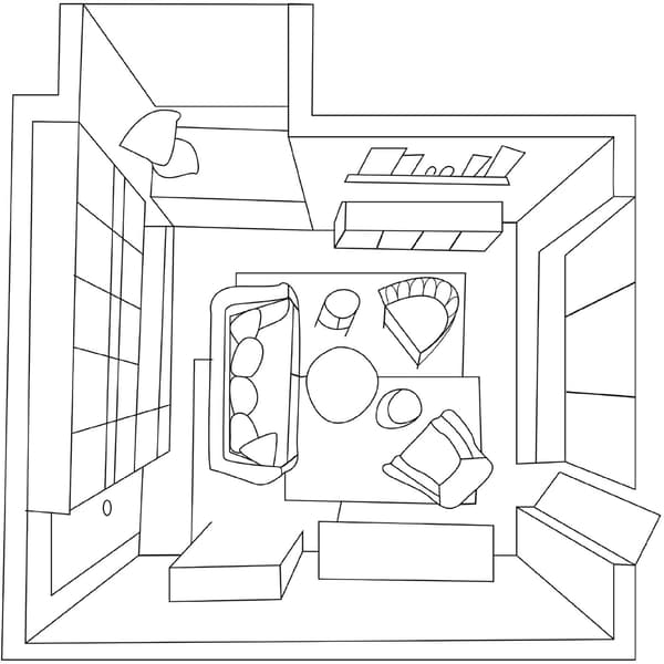 The floor plan for a cosy living room with a sofa and two armchairs.