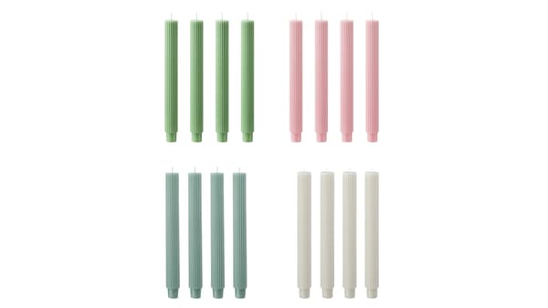 The following SMÖJTRÄD unscented chandelier candles are shown in the image:
606-131-05, SMÖJTRÄD unscntd chndlr cndl 25 beige 4-p
406-131-06, SMÖJTRÄD unscntd chndlr cndl 25 green 4-p
306-371-84, SMÖJTRÄD unscntd chndlr cndl 25 light green 4-p
006-371-85, SMÖJTRÄD unscntd chndlr cndl 25 light pink 4-p