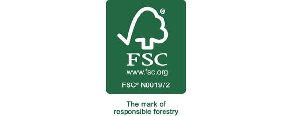 The green FSC logo is a certification for responsible forest management.