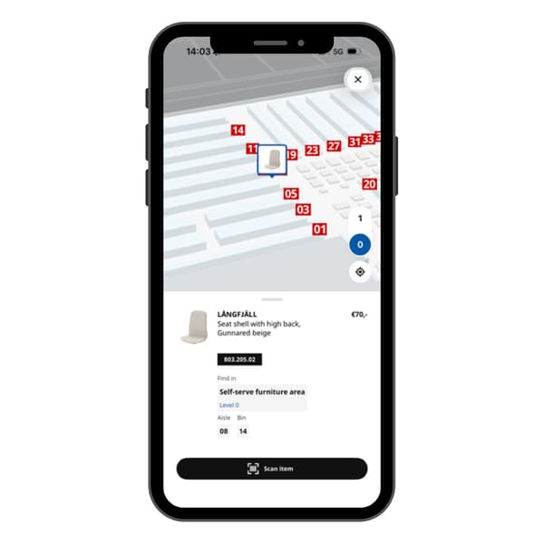 The IKEA app with a map of the store