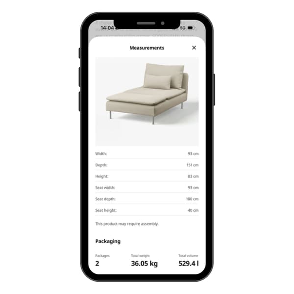 The IKEA app with information about the measurements of a product