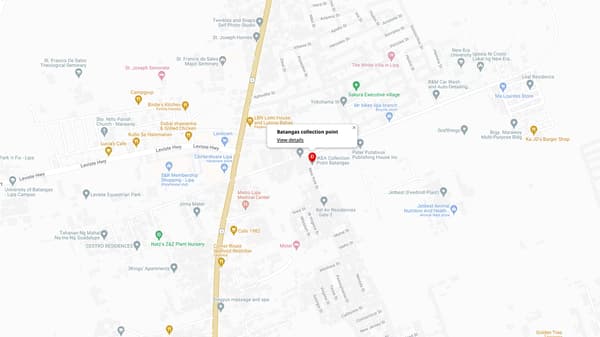 The IKEA collection point in Batangas is located at the LBC Warehouse, Good Heart Warehouse, P. Olan Street, Barangay Marawoy, Lipa City, Batangas