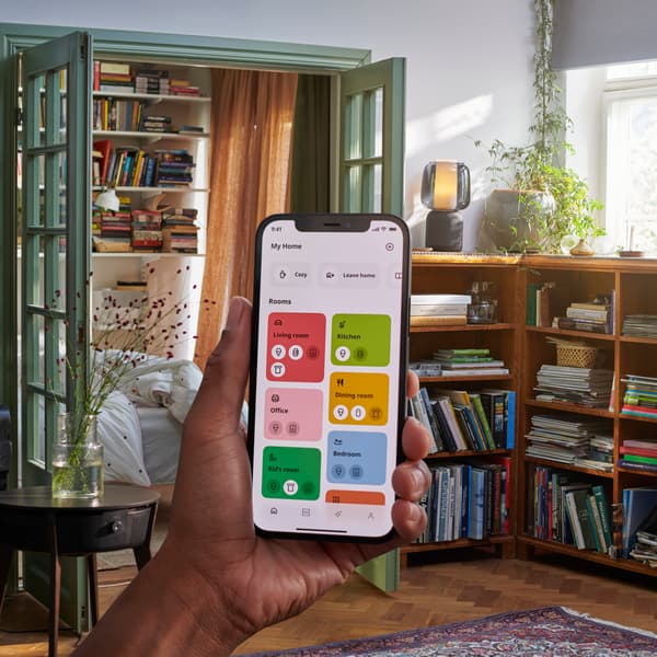 The IKEA Home Smart app shows the 'home' tab with all the users 'rooms'