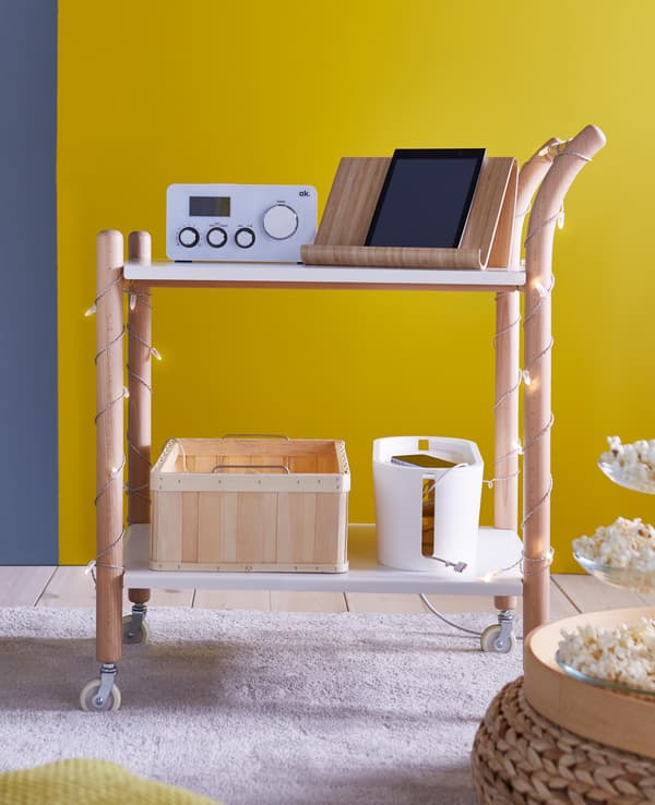The IKEA PS 2017 side table on casters can be used in many ways – as a work station, coffee table, kitchen cart or nightstand.