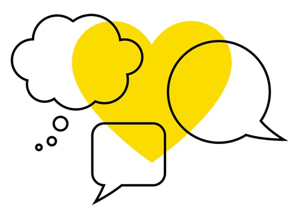 The IKEA symbol for coronavirus communication, consisting of three different speech bubbles superimposed over a yellow heart.