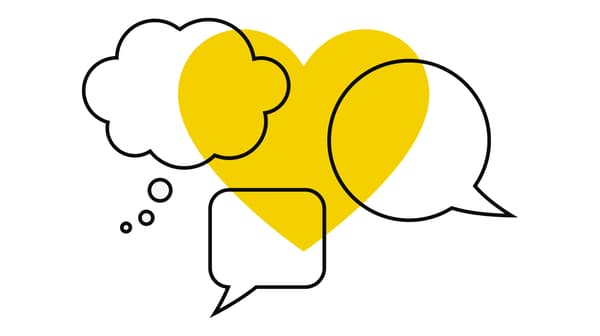 The IKEA symbol for coronavirus communication consisting of three different speech bubbles superimposed over a yellow heart.