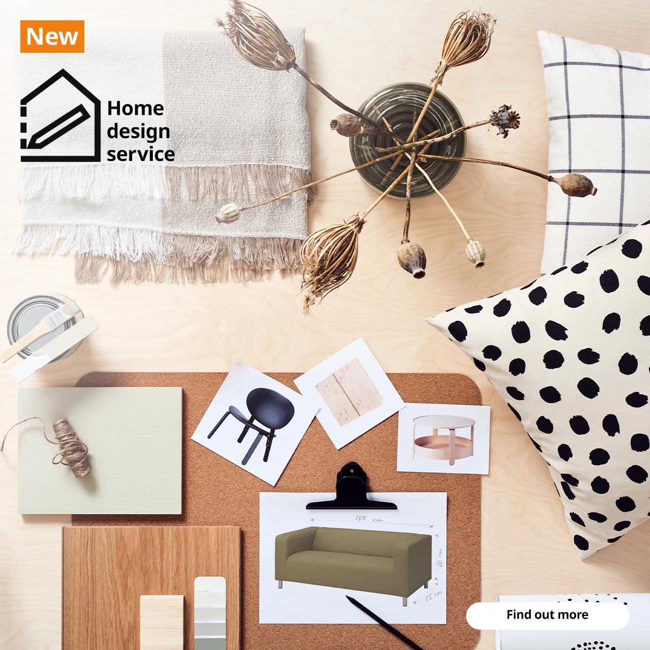 The image shows a flat lay of various home design elements arranged on a light wood surface. The central focus is a corkboard displaying sketches of furniture (a sofa, chair, and coffee table), alongside samples of wood, paint, and fabric swatches. A 'New' tag with a logo for "Home design service" is located on the top left overlay the image. 