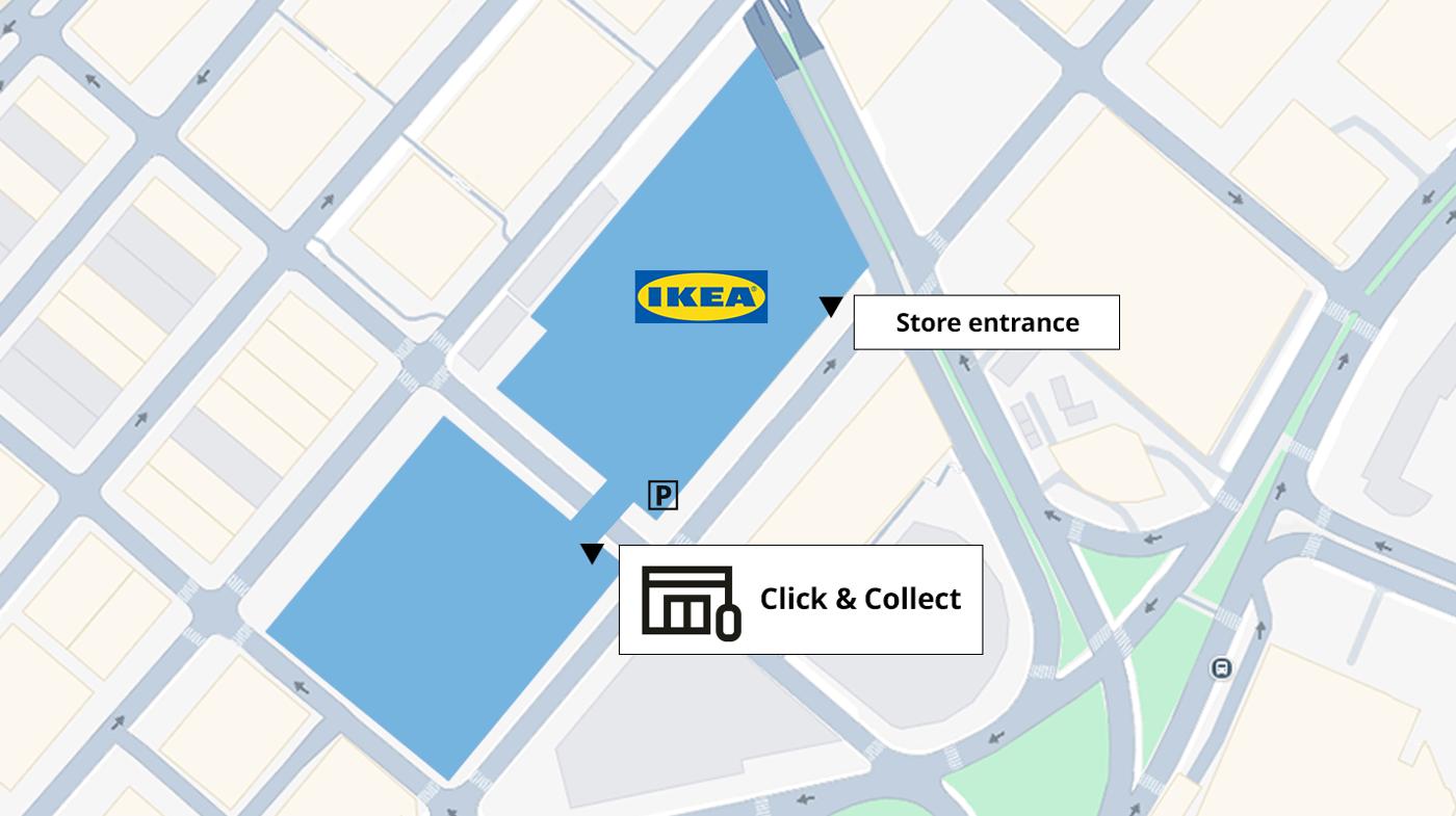 The image shows a map of the Ikea Badalona store, with indications for the main entrance and the Click & Collect pickup point.
