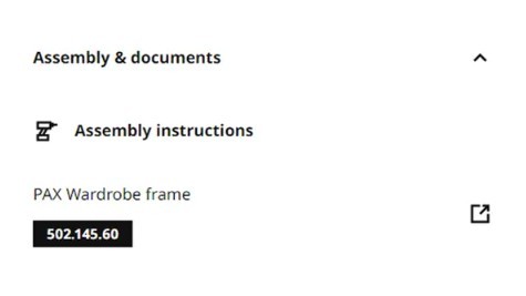 The image shows a section of a product page interface titled “Assembly & documents.”
Below it is a link labeled “Assembly instructions,” followed by the product name “PAX Wardrobe frame.”
Next to the product name is a black label with a product number 502.145.60, and there is a small external-link icon on the right, indicating the instructions can be opened separately.