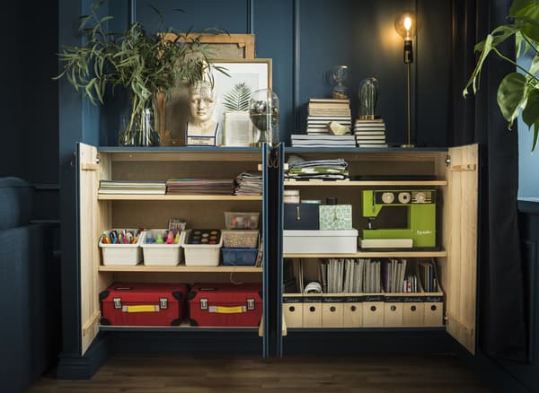 The inside of an cabinet is arranged to organise magazines, a sewing machine, and various other items.
