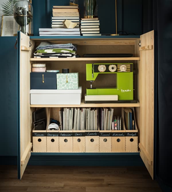 The inside of an cabinet is arranged to organize magazines, a sewing machine, and various other items.