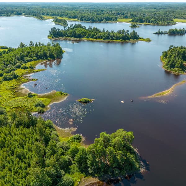 The landscape near Agundaborg with forests and a large lake.
