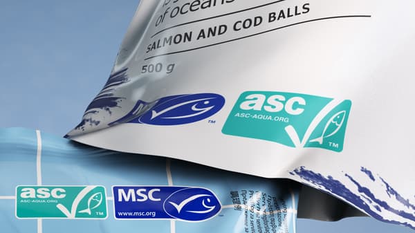 The Marine Stewardship Council and Aquaculture Stewardship Council logos on a packet of HUVUDROLL salmon and cod balls.