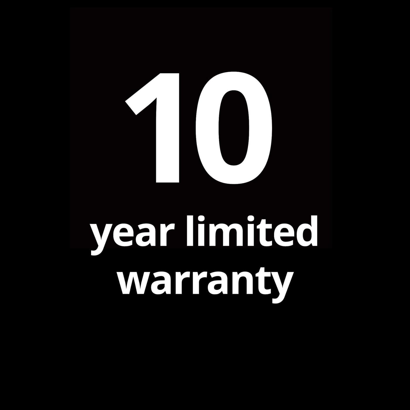 The text "10 year limited warranty" in white letters on a black background.